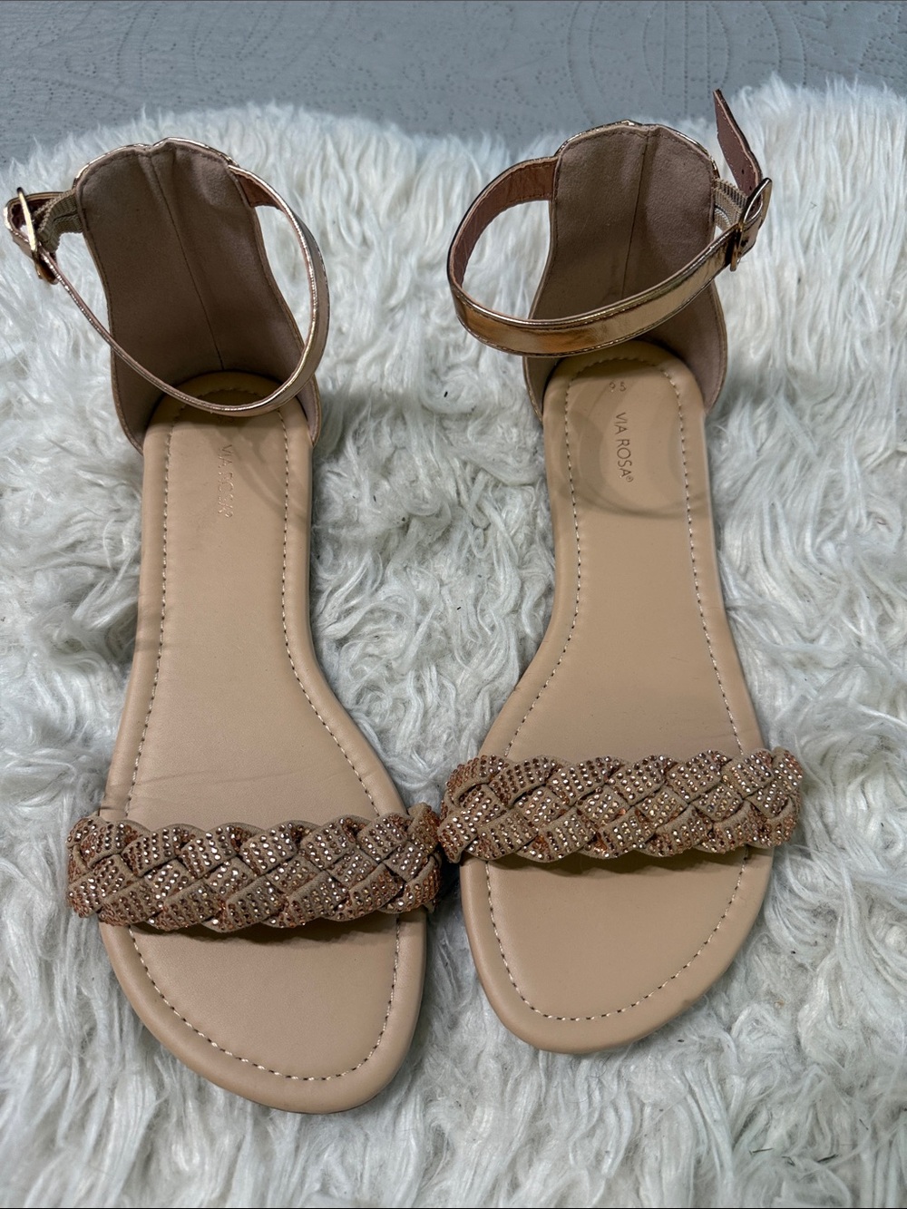 Via Rosa Gigi Rhinestone Braided Ankle-Strap Flat Sandals 9.5